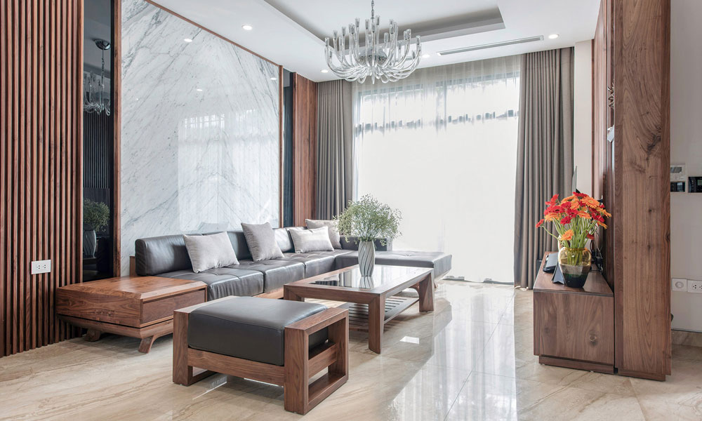Sofa chữ L gỗ óc chó